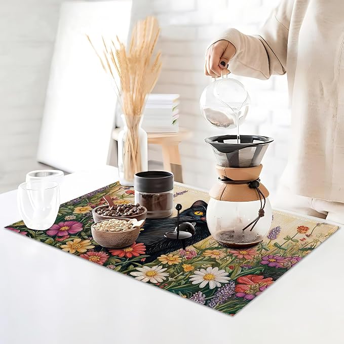 Black Cat Placemats Set of 6, Color Flower Waterproof Non-Slip Washable Table - Image 3