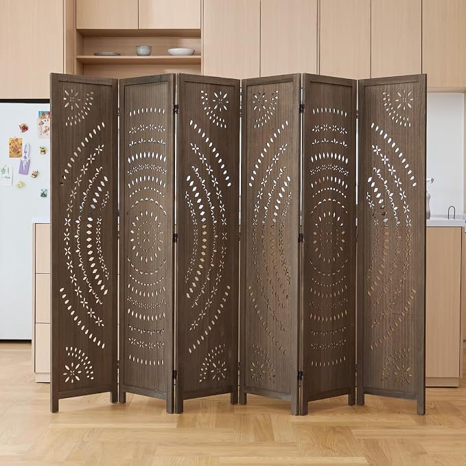 66.9Inch Folding Room Divider, 6 Panels Wood Carved Privacy Screens Free - Image 7