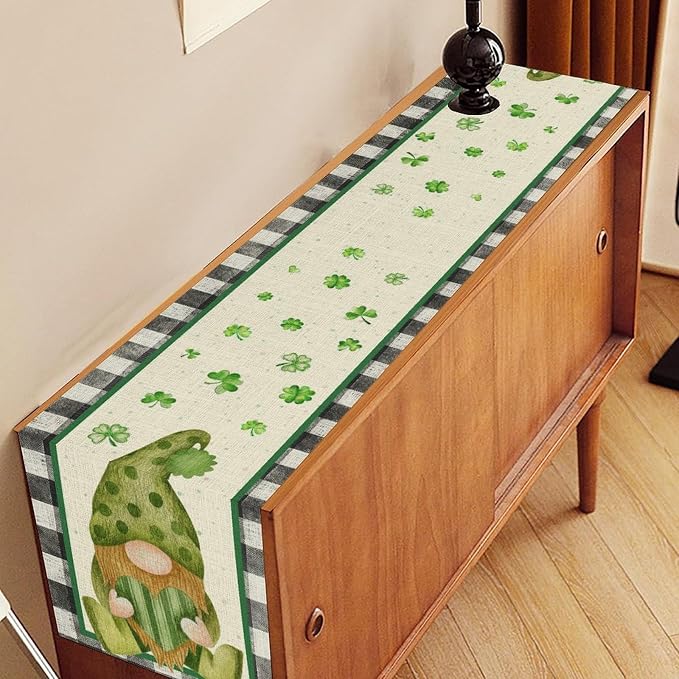 St.Patrick's Day Table Runner, Vintage Black White Plaid Green Polka Dot Gnome - Image 2