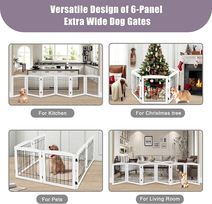 LZRS 6-Panel Extra Wide Wooden Freestanding Dog Gate: Foldable Solid Wood and - Image 6