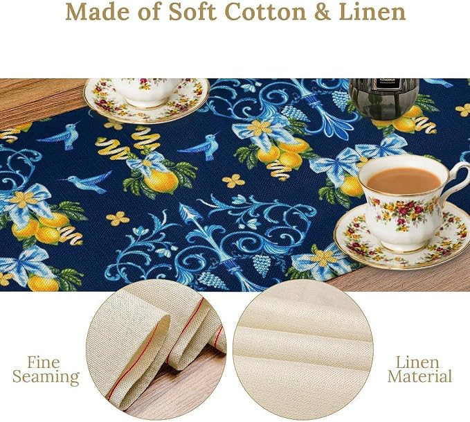 Lemon Fruit Table Runner Nature Bow Farmhouse Talavera Ethnic Folk Rustic Birds - Image 6