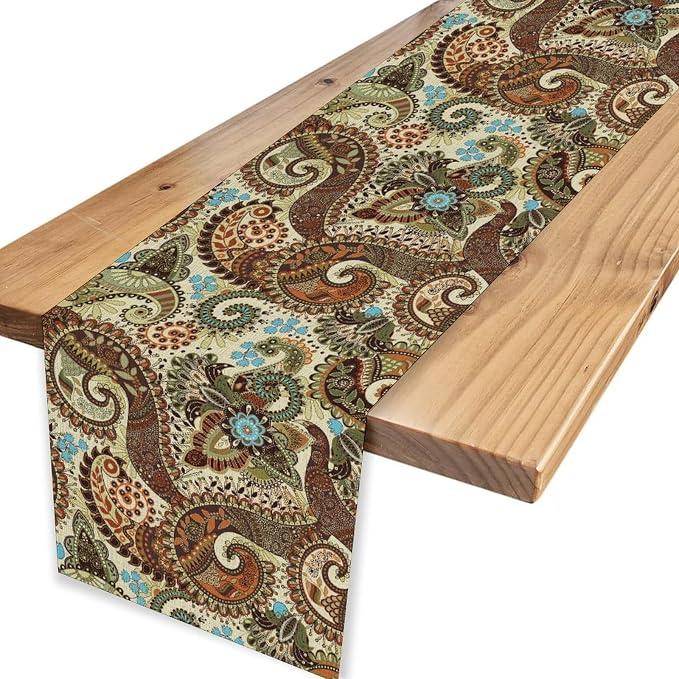 Brown Paisley Table Runner, Rustic Damask Antique Floral Flower Retro Boho - Image 4