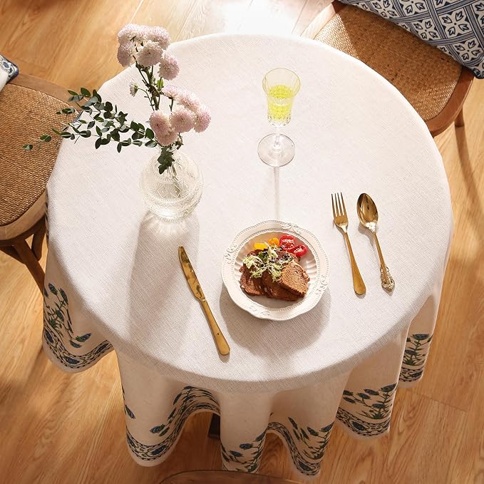 patdrea Designer Linen Blue Round Tablecloth, Vintage Leaves Pattern Floral - Image 5
