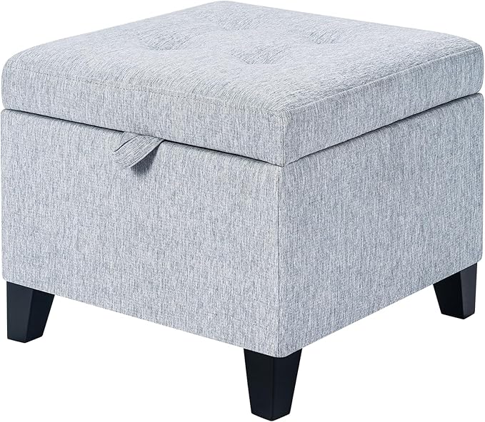 Adeco 18 Inch High Cube Ottoman Storage, Linen Chair Foot Stools, Upholstered by Adeco