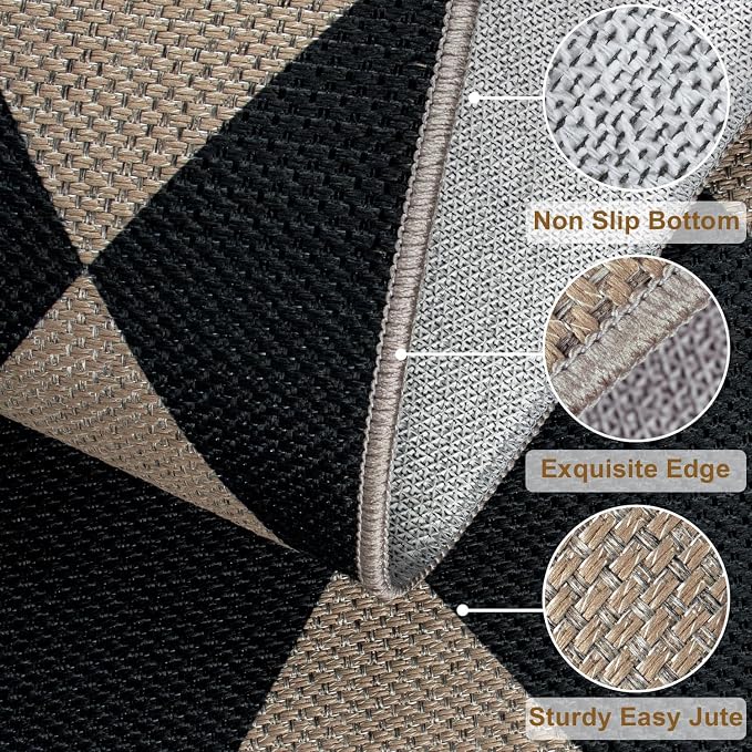 Easy Jute Black Checkered 5x7 Area Rug, Washable Modern Outdoor Rug - Image 2