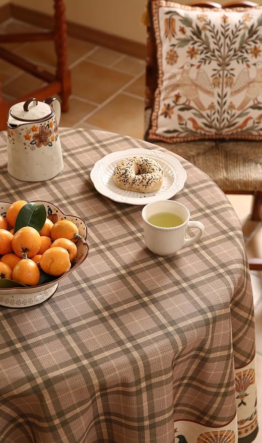 Vintage Brown Checkered Small Round Tablecloth, Italian Style Wrinkle Resistant - Image 9