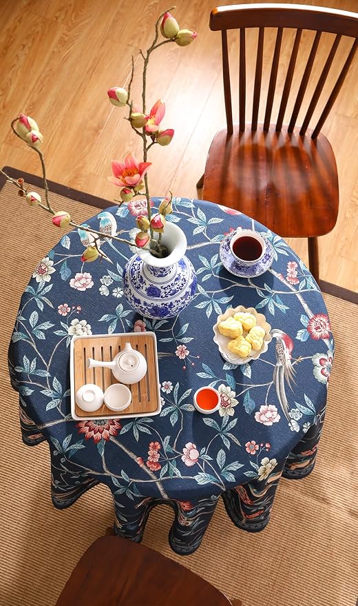 patdrea Designer Dark Blue Linen Round Tablecloth, Vintage Navy French Floral - Image 9