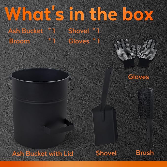 4 Gallon Ash Bucket with Lid and Shovel, Metal Fireplace Ash Bucket with Broom - Image 3