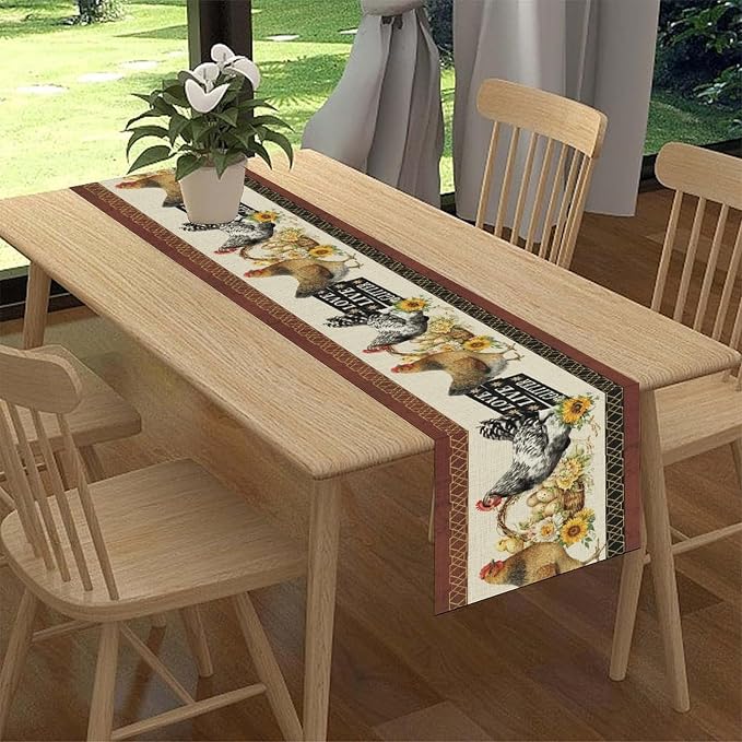 Farmhouse Rooster Table Runner, Rustic Vintage Chicken Egg Sunflower Floral Cow - Image 2