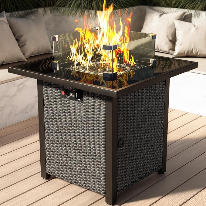 Propane Outdoor Fire Pit Table, Outdoor Gas FirePit W/Glass Wind Guard by Olimix