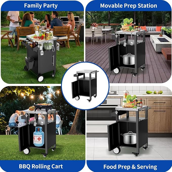 Outdoor Grill Cart with Storage, Stainless Steel Top, Movable Patio Kitchen - Image 6