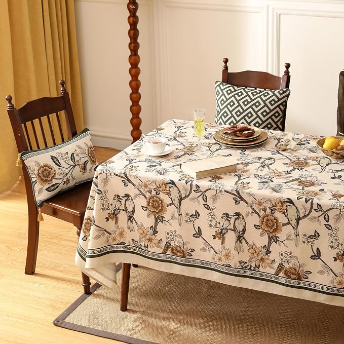ISAENNE Designer Vintage Linen Long Rectangle Tablecloth, Floral and Bird - Image 8