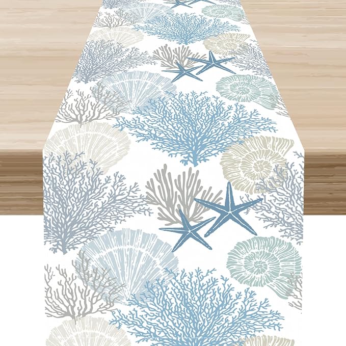 Nautical Table Runner, Summer Coastal Starfish Seashells Coral Tropical Ocean by Unknown
