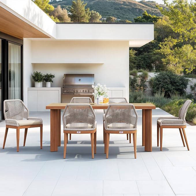 PURPLE LEAF 7 Pieces Dining Set Patio Metal Rectangular Table and Wicker Rattan by PURPLELEAF