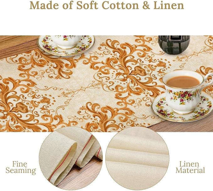 Damask Table Runner, Rustic Gold Gothic Boho Floral Flower Baroque Style - Image 6