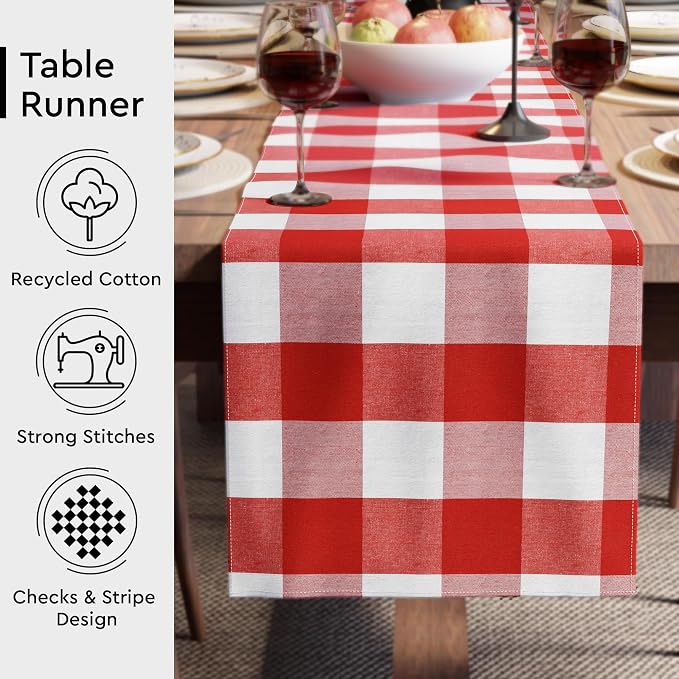 Encasa XO Cotton Dining Table Runner | Buffalo Red Checks | Size 13x91 in - Image 3