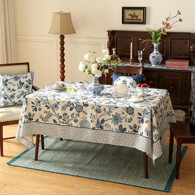 Vintage Blue and White Extra Long Rectangle Tablecloth, French Linen Floral - Image 9