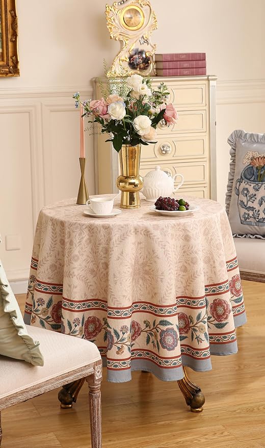 Designer Vintage Linen Small Round Tablecloth, Indian Floral Wrinkle Free Soft - Image 3