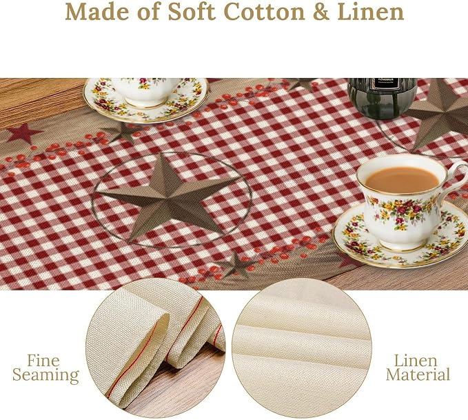 Farmhouse Western Table Runner, Rustic Country Barn Red White Buffalo Plaid - Image 4