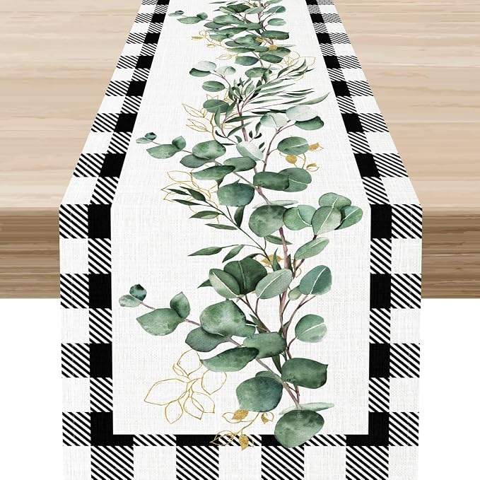 Green Eucalyptus Table Runner, Farmhouse Spring Plants Leaves Checkered Baffalo by Unknown