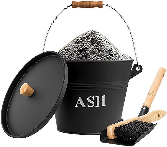 Ash Bucket with Lid Shovel and Hand Broom, 1.5 Gallon Fireplace Metal Bucket by AOREWTGGH