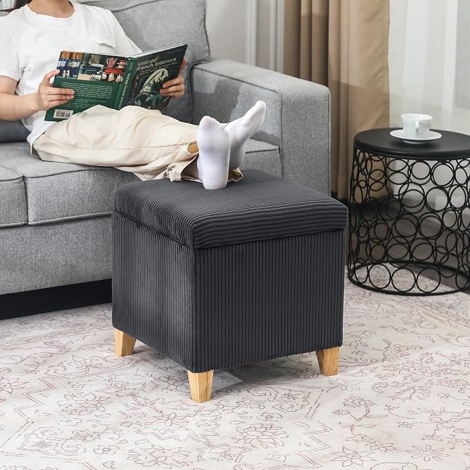 Adeco 18 Inch High Faux Fur Grey Cube Ottoman Storage, Fluffy Striped Velvet - Image 4