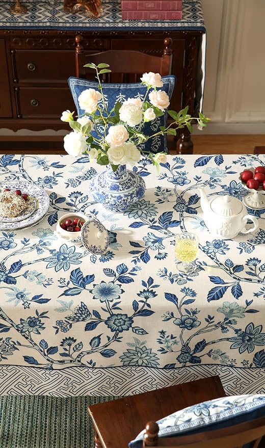 Vintage Blue and White Rectangle Tablecloth, French Linen Floral Wrinkle Free - Image 4
