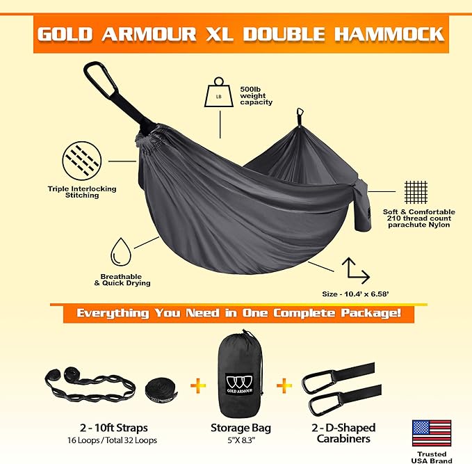 Double Camping Hammock in Gray, 125 x 79 in Parachute Nylon