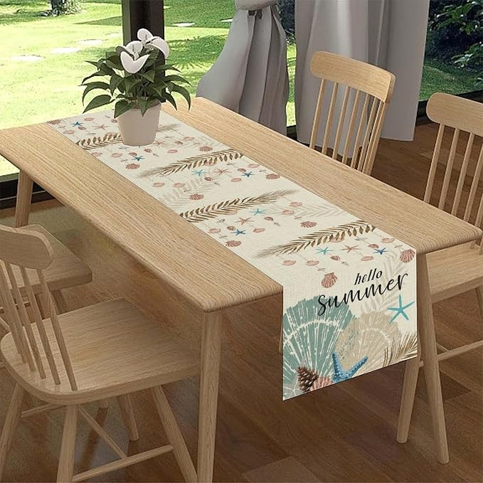 Nautical Coastal Table Runner, Rustic Starfish Seashells Tropical Leave Ocean - Image 2