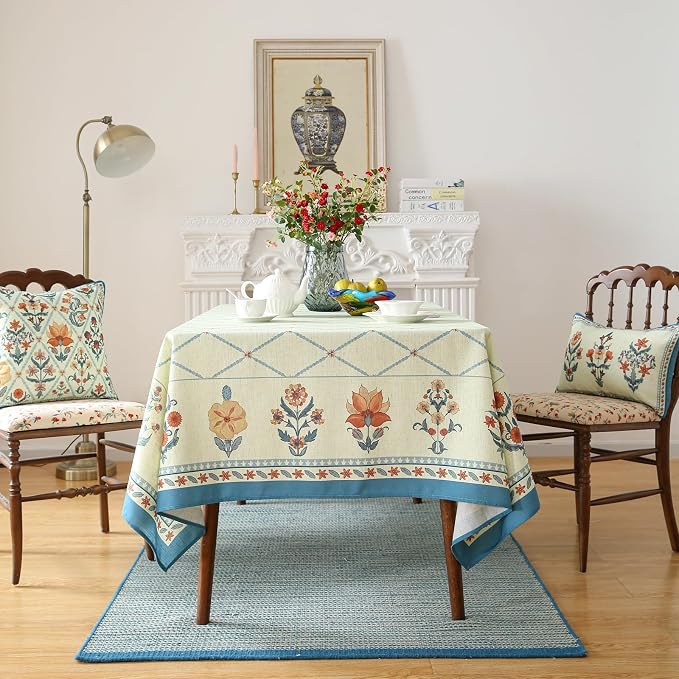 ISAENNE Designer Linen Floral Long Rectangle Tablecloth, Light Green Farmhouse - Image 3