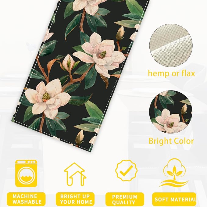 Table Runner White Magnolia Flowers Table Runners Summer Seasonal Kitchen - Image 3