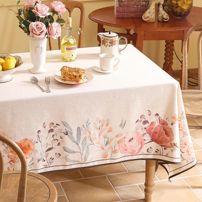 Linen Long Rectangle Tablecloth, French Vintage Pink Floral Pattern Wrinkle - Image 9