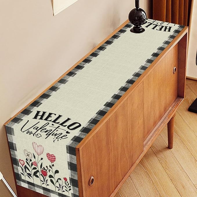 Valentines Day Table Runner, Vintage Rustic Black White Red Heart Buffalo Plaid - Image 2