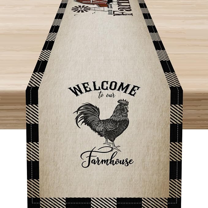 Farm Animals Table Runner, Rustic Farmhouse Cow Pig Rooster Watercolor Coffee - Image 5