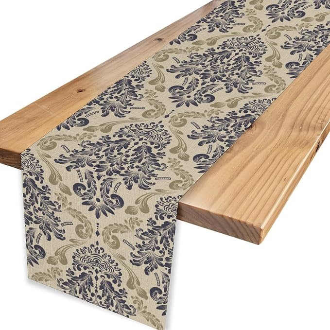 Blue Damask Table Runner, Boho Baroque Style Floral Flower Antique Classic - Image 4