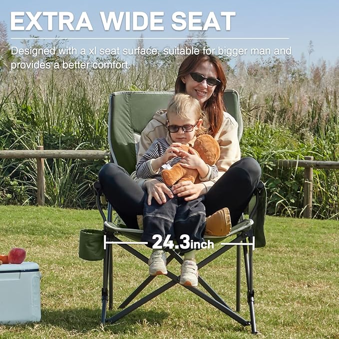 Camp Chair, Large Green Steel Frame with Swivel Cup Holder