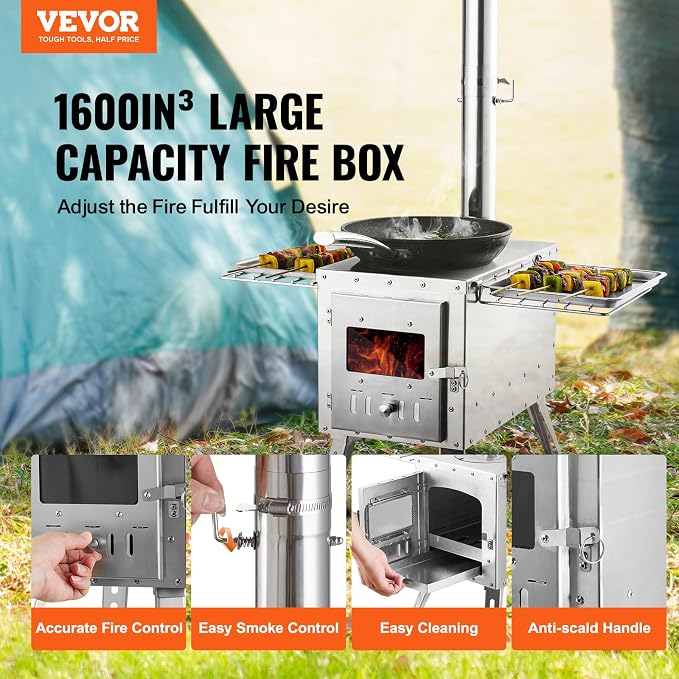 VEVOR Camping Wood Stove Stainless Steel Camping Tent Stove, Portable Wood - Image 2