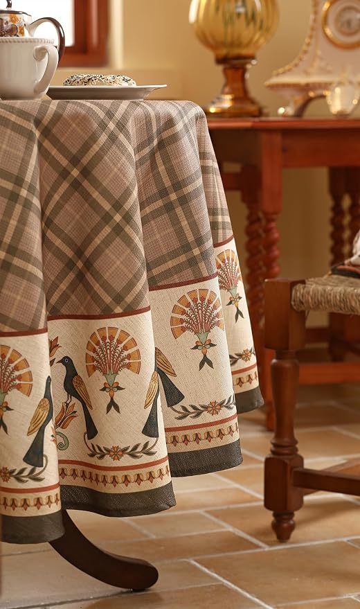 Vintage Brown Checkered Round Tablecloth, Italian Style Wrinkle Resistant Linen - Image 4