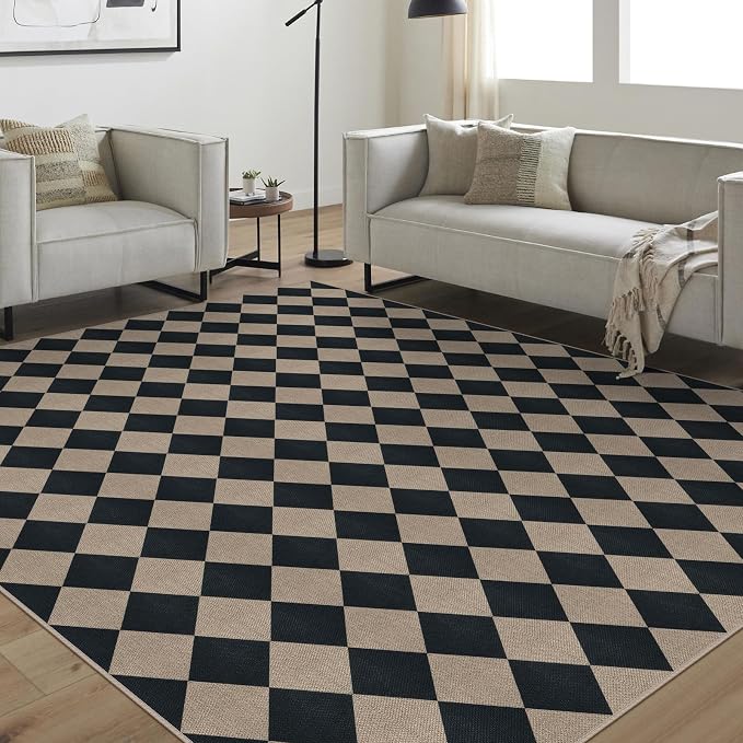 Easy Jute Black Checkered 8x10 Area Rug, Washable Modern Outdoor Rug - Image 5