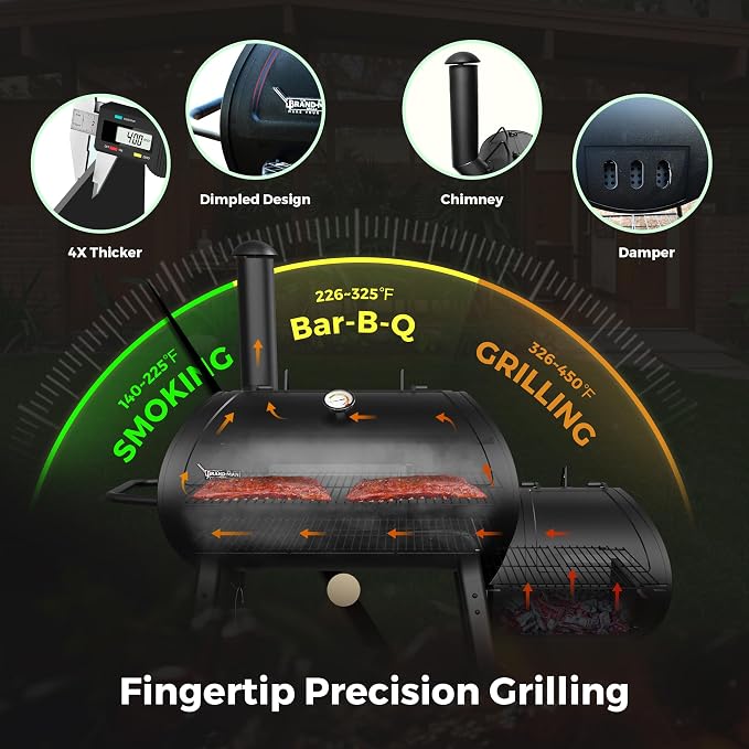 Brand-Man Charcoal Grill Offset Smoker, Heavy-Duty Barrel BBQ Grill Smoker Combo - Image 3