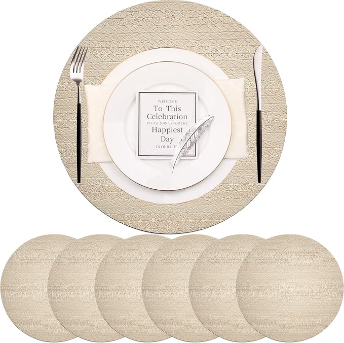 PIGCHCY Round 15" Water-Resistant Placemats Set of 6, Premium Faux Leather by PIGCHCY