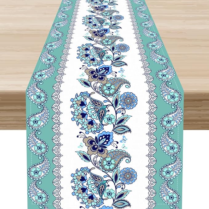 Paisley Table Runner, Vintage Teal Damask Floral Flower Boho Antique Damask by Unknown