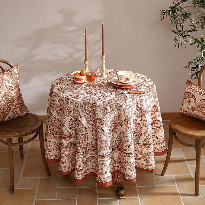 ISAENNE Designer French Red Round Tablecloth, Fall Linen Table Cloth - Image 5