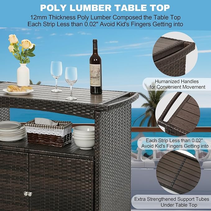 Outdoor Bar Cart with Storage Cabinet Patio Wicker Sideboard Buffet Cabinet - Image 6