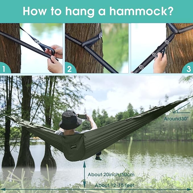 Hammock, Army Green Nylon Pop-Up 2-Person with Mosquito Net