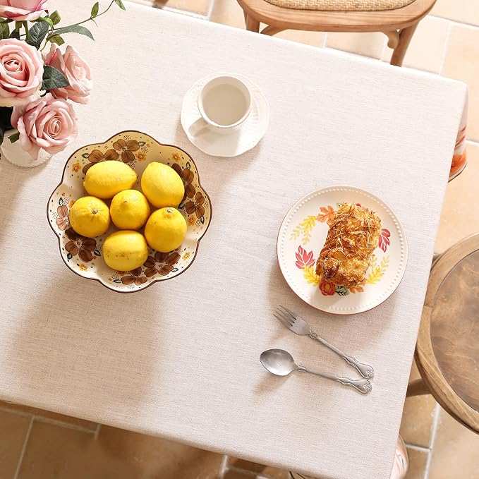 Linen Small Square Tablecloth, French Vintage Pink Floral Pattern Wrinkle Free - Image 4