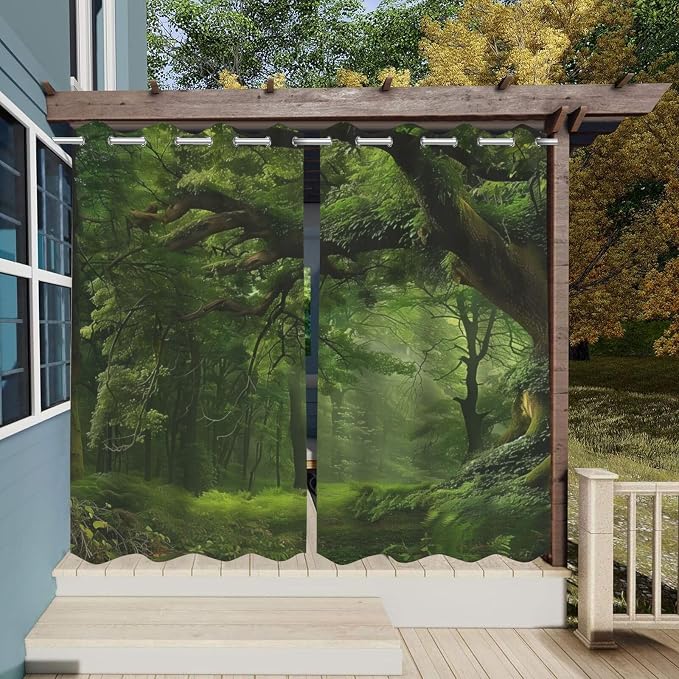 Nature Theme Outdoor Curtains for Patio Waterproof, Forest Pattern, UV and Fade - Image 3