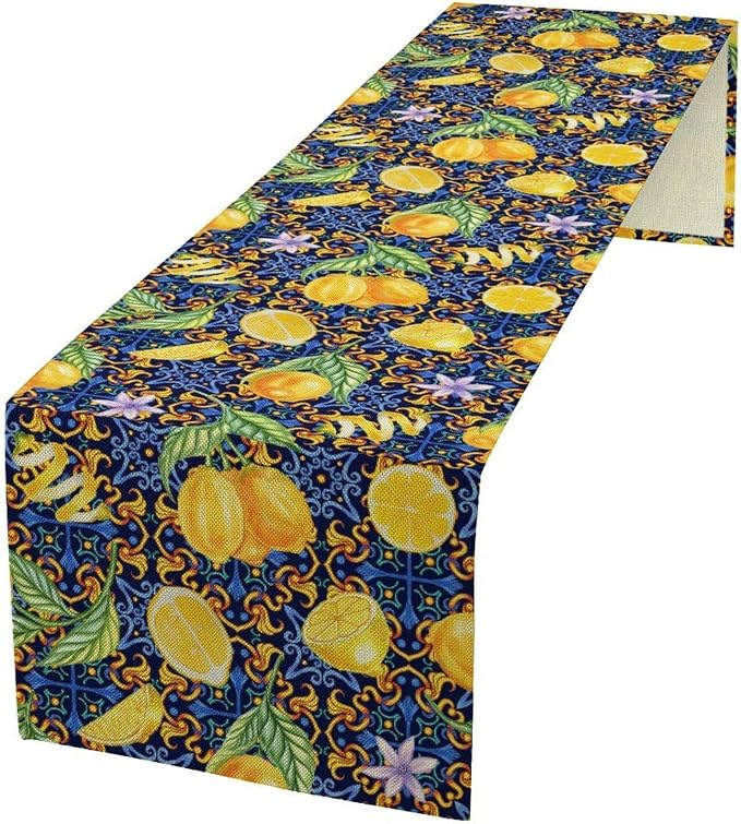 Yellow Lemon Table Runner Vintage Retro Summer Fruit Blue White Floral Printed by Unknown