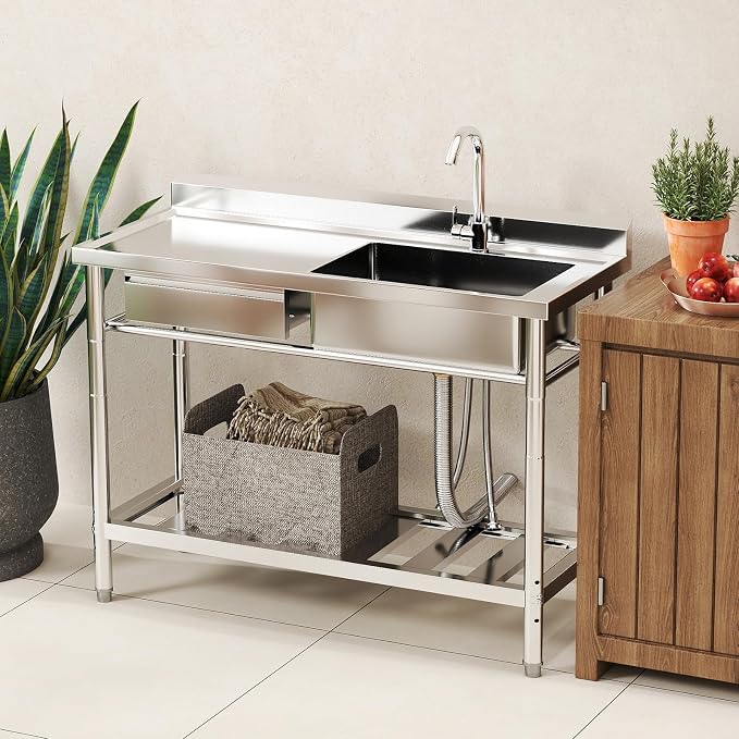 Stainless Steel Utility Sink, 47.2'' Free Standing Single Bowl Kitchen Sink - Image 7
