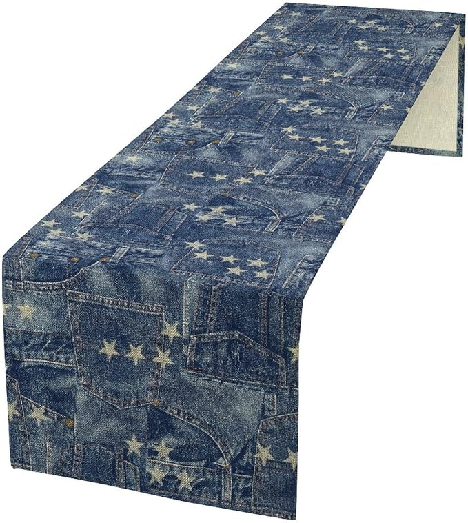 Patchwork Table Runner, Vintage Romance Jeans Pentagram Splicing Print Table by Unknown